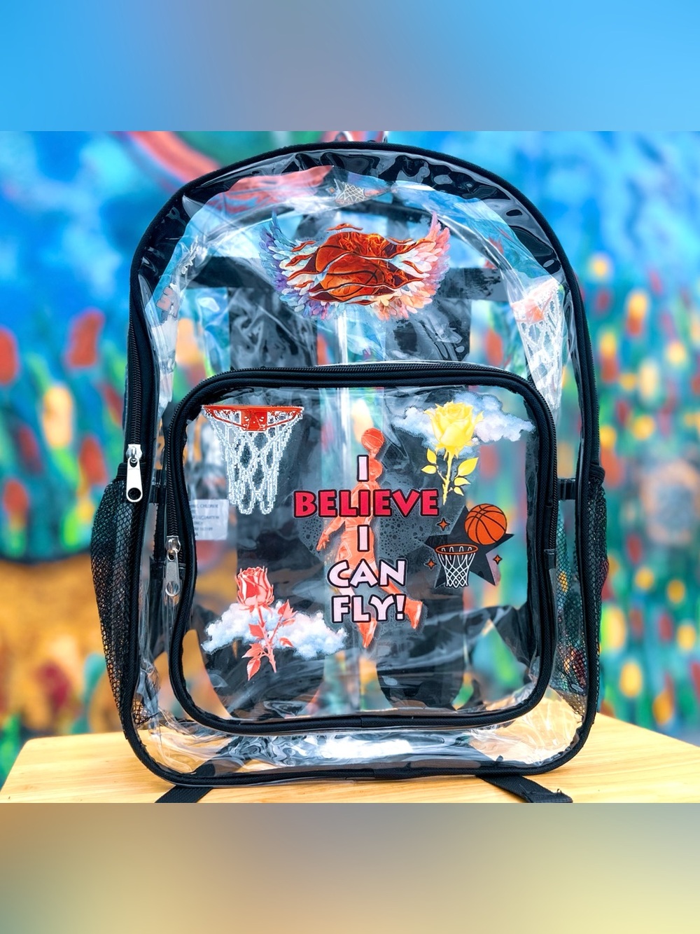 I CAN FLY Clear Backpack 15” - Black with Custom Graphic Print